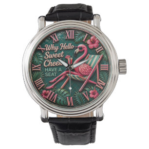 Funny Flamingo Tropical Vibes Coastal Decor Watch