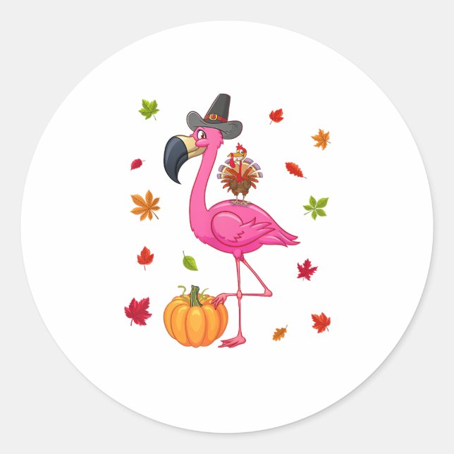 Funny Flamingo Turkey Thanksgiving Pumpkin  Classic Round Sticker (Front)