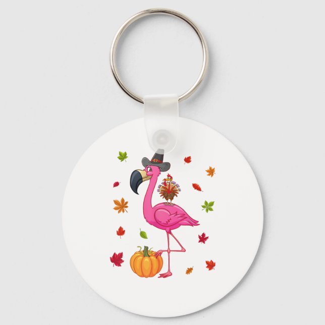 Funny Flamingo Turkey Thanksgiving Pumpkin  Keychain (Front)