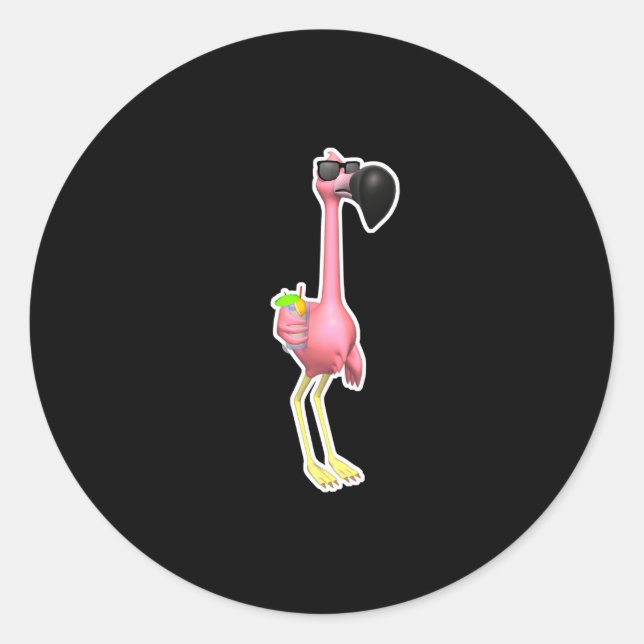 funny flamingo with drink classic round sticker (Front)