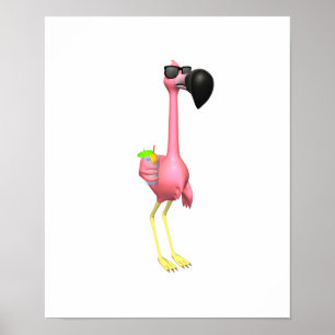 funny flamingo with drink poster