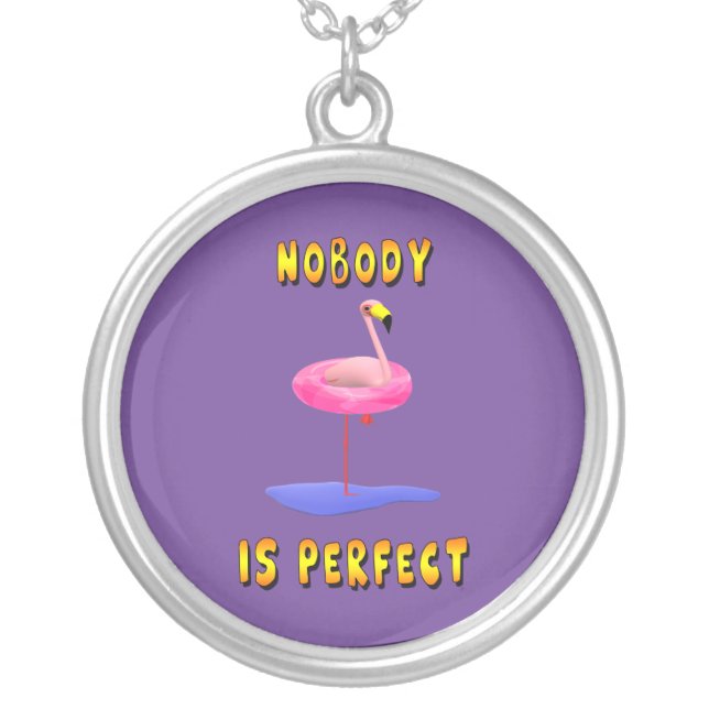 Funny flamingo with real swimming ring  silver plated necklace (Front)