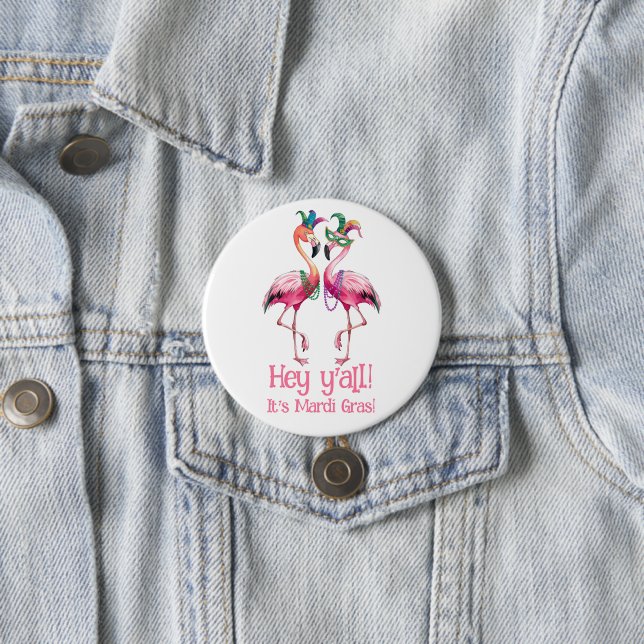 Funny Flamingos Mardi Gras Party Button (In Situ)