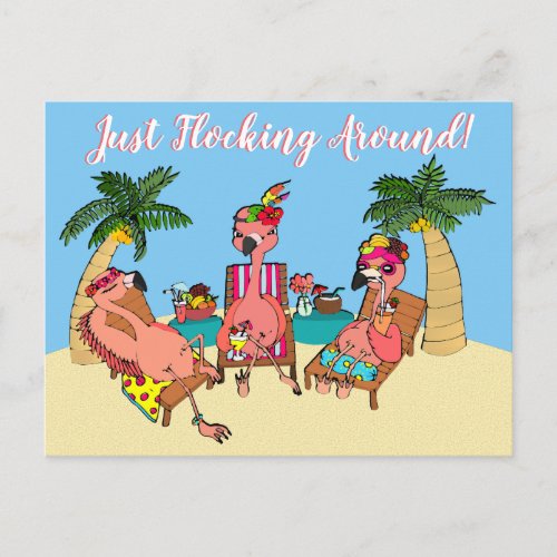 Funny Flamingos on Beach Vacation Illustration Postcard