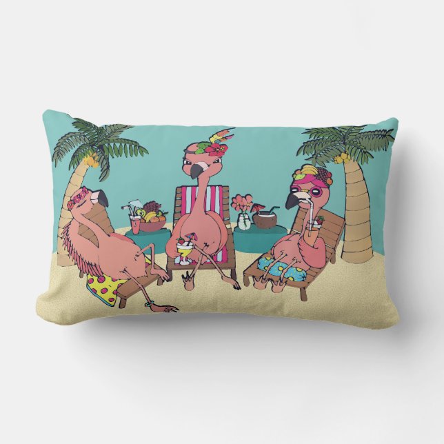 Funny Flamingos on Tropical  Vacation Illustration Lumbar Pillow (Front)