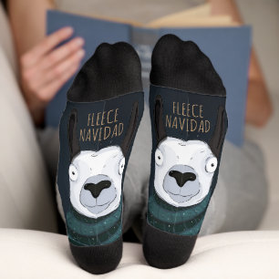 Funny “Fleece Navidad” Llama with Stripes on Blue Socks