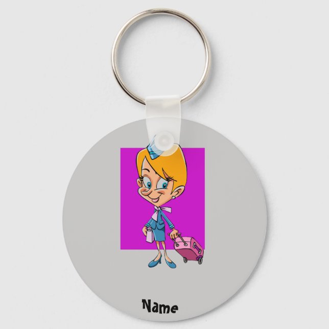 Funny flight attendant cartoon air hostess keychain (Front)