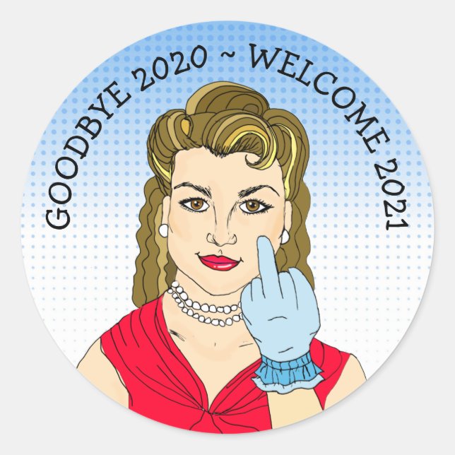 Funny Flipping the Bird Retro Lady Classic Round Sticker (Front)