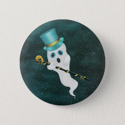Funny Floating Ghost in Sky Blue Green Top Hat Button