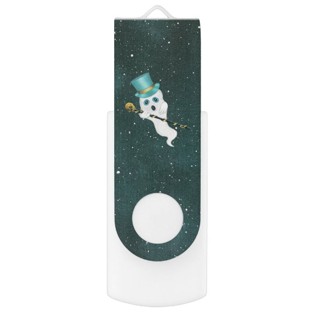 Funny Floating Ghost Top Hat Fancy Cane gold Skull Flash Drive (Front Vertical)
