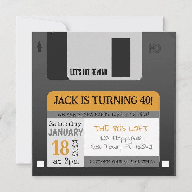 Funny Floppy Disk 80s 90s Birthday Invitation (Front)