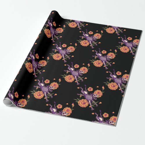 Funny Floral Skeleton Dog Dia De Los Muertos Cool Wrapping Paper