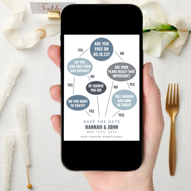 Funny Flow Chart Blue Wedding Save the Date (Front Digital)