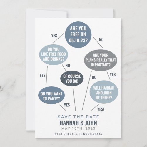 Funny Flow Chart Blue Wedding Save the Date