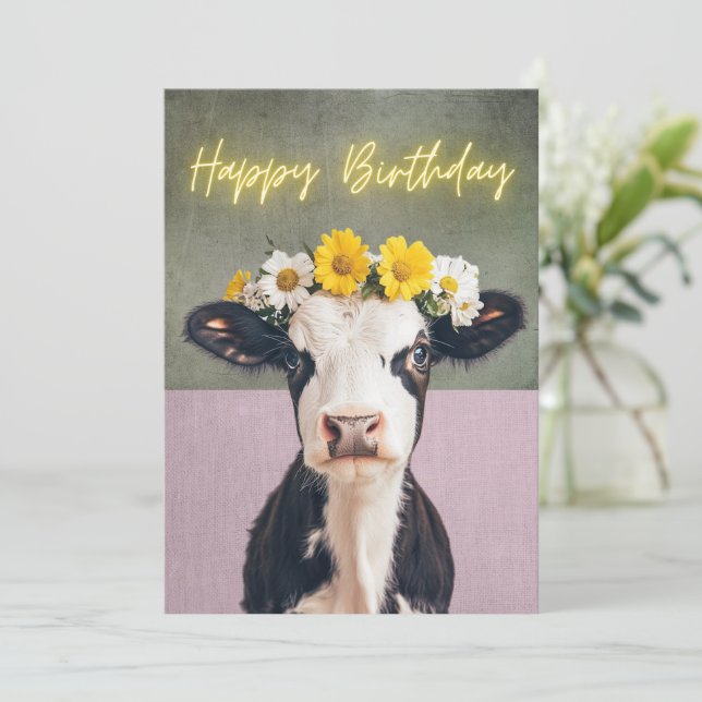 Funny Flower Cow Birthday Card (Standing Front)