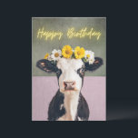 Funny Flower Cow Birthday Card<br><div class="desc">Funny birthday card features whimsical cow with floral crown and neon birthday greeting.  Personalize with your own message on back.</div>