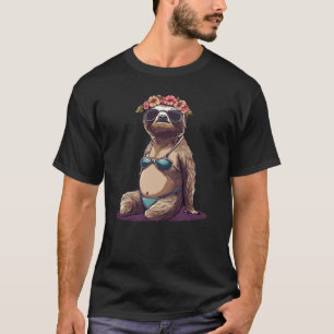 Funny Flower Crown and Sloth in Bikini Costume T-Shirt