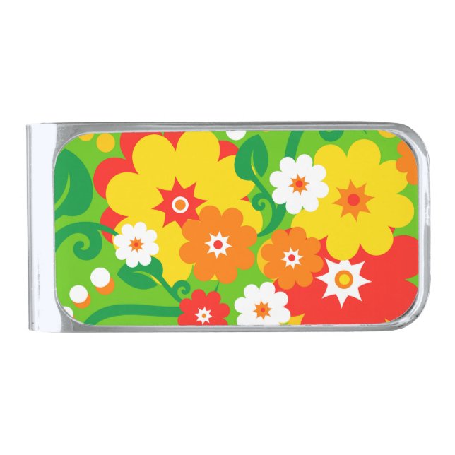 Funny Flower Power Wallpaper Silver Finish Money Clip (Front)