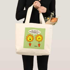 Funny Flowers and Caterpillar Mustache Cartoon Art Large Tote Bag