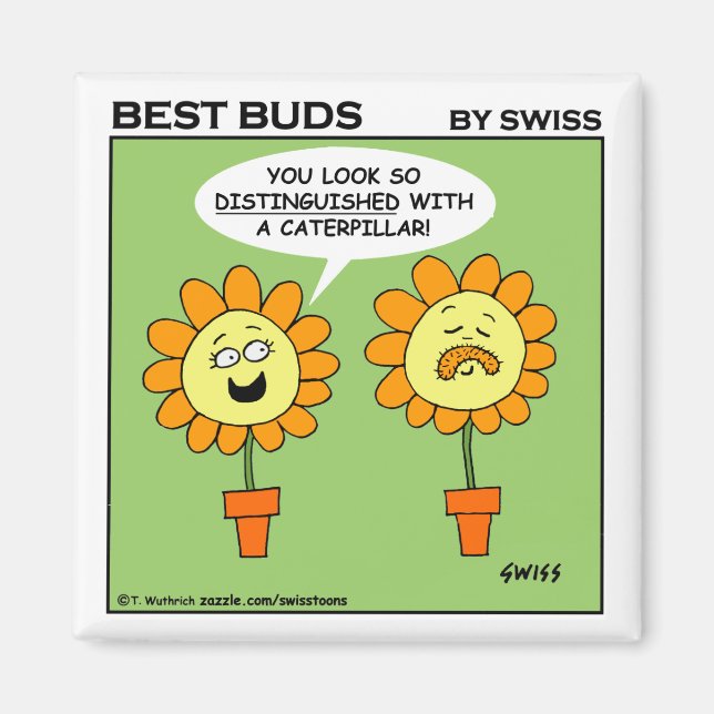 Funny Flowers Mustache Caterpillar Cartoon Magnet (Front)