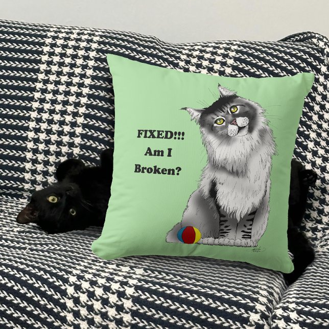 Funny Fluffy Maine Coon Cat Green Humor Throw Pillow (Creator Uploaded)