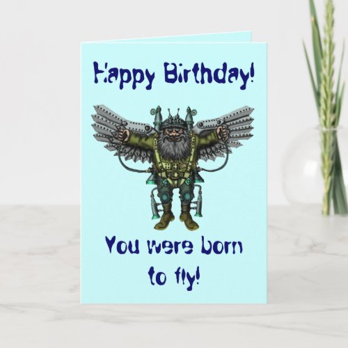 Funny flying guy happy birthday card