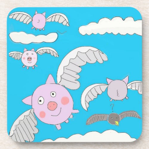 Funny Flying Pigs and Bemused Crow  Beverage Coaster