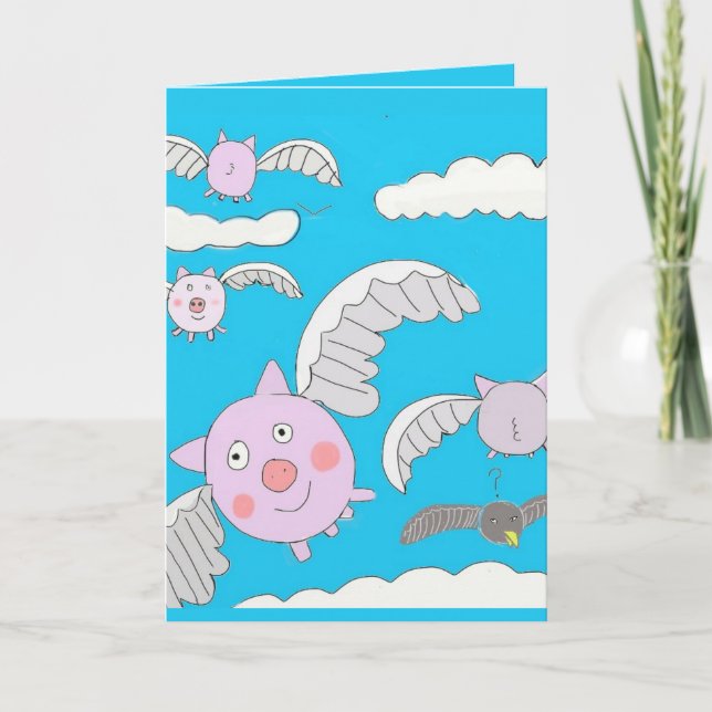 Funny Flying Pigs and Bemused Crow editable  Card (Front)
