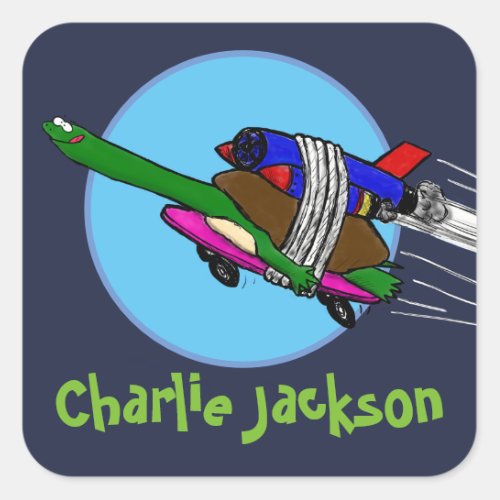 Funny flying tortoise on skateboard cartoon square sticker