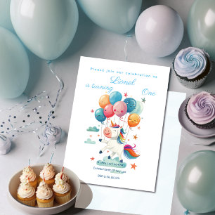 Funny Flying Unicorn Rainbow Colors 1st Birthday Invitation