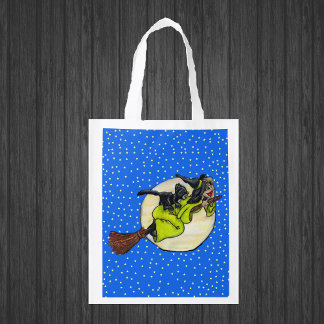 Funny Flying Witch Black Cat Moon Stars Halloween Reusable Grocery Bag