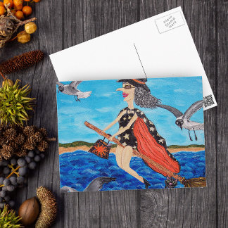 Funny Flying Witch Broom Cat Seagulls Beach Postcard