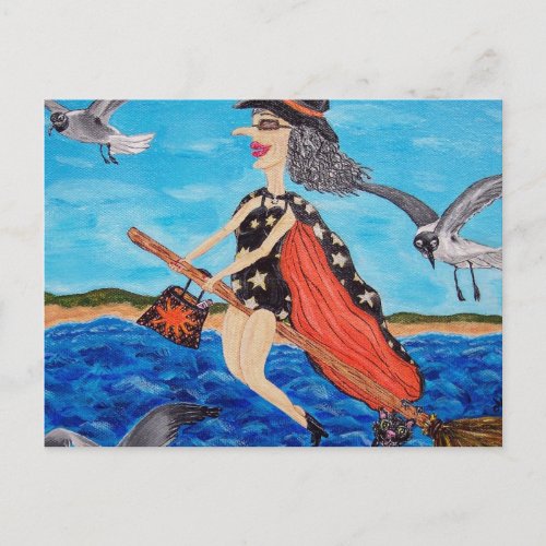 Funny Flying Witch Broom Cat Seagulls Beach Postcard