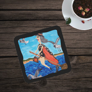 Funny Flying Witch Broom Cat Seagulls Beach Square Paper Coaster