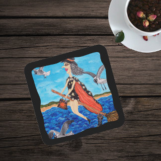 Funny Flying Witch Broom Cat Seagulls Beach Square Paper Coaster