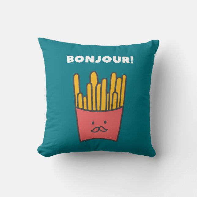 Funny Food Pun Humor French Fries Bonjour Throw Pillow (Front)