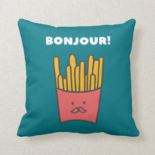 Funny Food Pun Humor French Fries Bonjour Throw Pillow