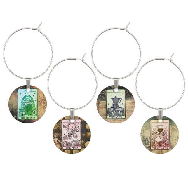 Funny Food Tarot Wine Charms set of 4 (Staggered)