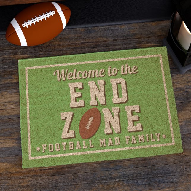 Funny Football End Zone Fiber Doormat (Welcome to the end zone! A fun football themed coir doormat with space for your family name)