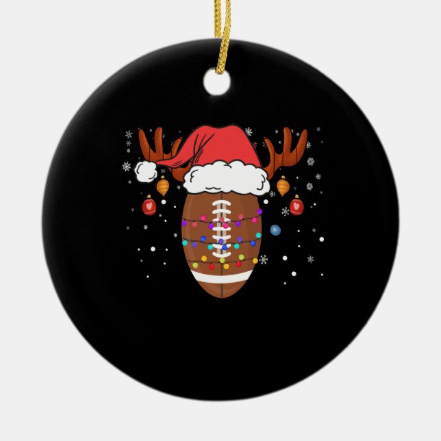Funny Football Reindeer Santa Hat Christmas Ceramic Ornament (Front)