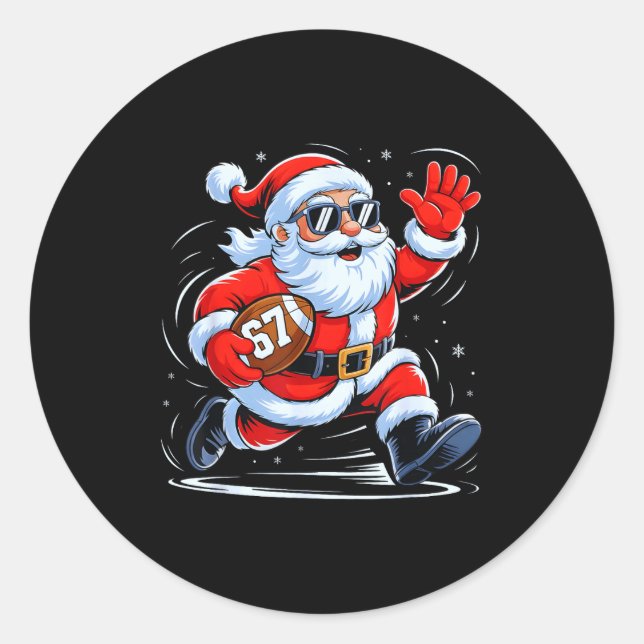 Funny Football Santa 67 Christmas Xmas Holiday Boy Classic Round Sticker (Front)