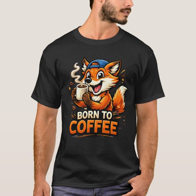 Funny Fox Drinking Coffee Cartoon Design T-Shirt (Front)