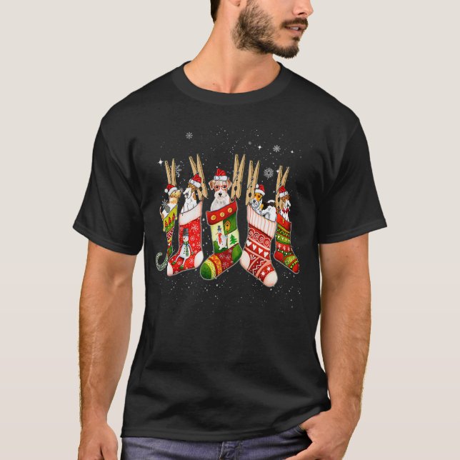 Funny Fox Terrier Dog In Christmas Sock Santa T-Shirt (Front)