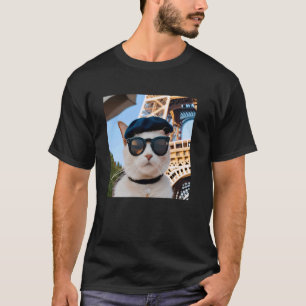 Funny France Eiffel Tower Cat Wearing a Beret and  T-Shirt