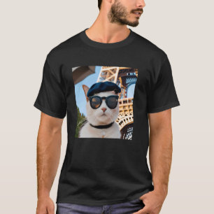 Funny France Eiffel Tower Cat Wearing a Beret and T-Shirt