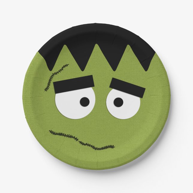 Funny Frankenstein Face for Halloween Paper Plates (Front)