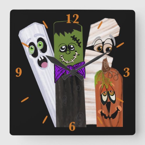 Funny Frankenstein Ghost Pumpkin Invisible Man Square Wall Clock