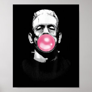 Funny Frankenstein Monster Blowing A Bubble Gum Ha Poster