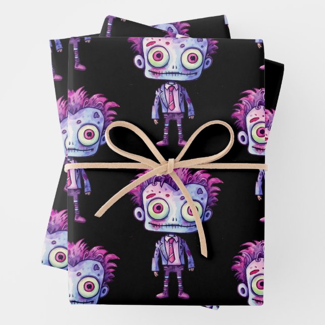 Funny Frankenstein Monster Halloween Fun Pattern Wrapping Paper Sheets (In situ)