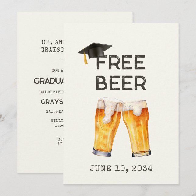 Funny Free Beer Graduation Party Invitation (Front/Back)